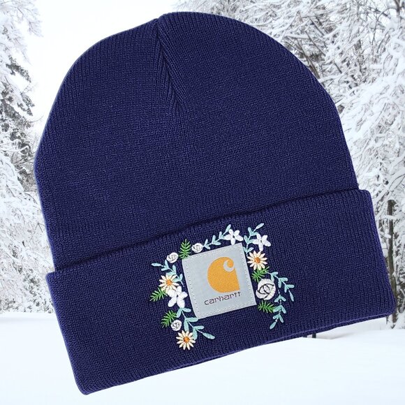 Carhartt Accessories - Embroidered Floral Knit Beanie – Navy Blue